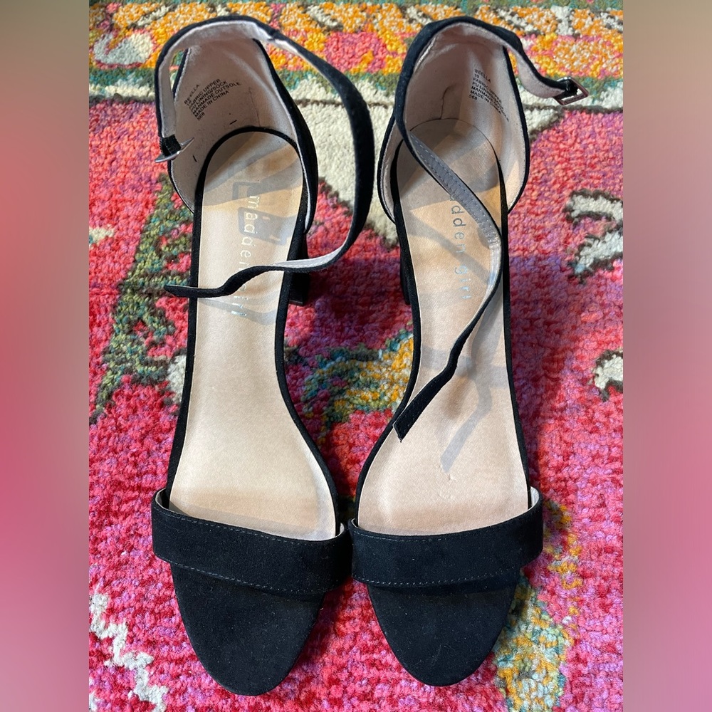 Madden Girl Womens Beella Black Fabric Ankle Strap Heels | women’s size 10